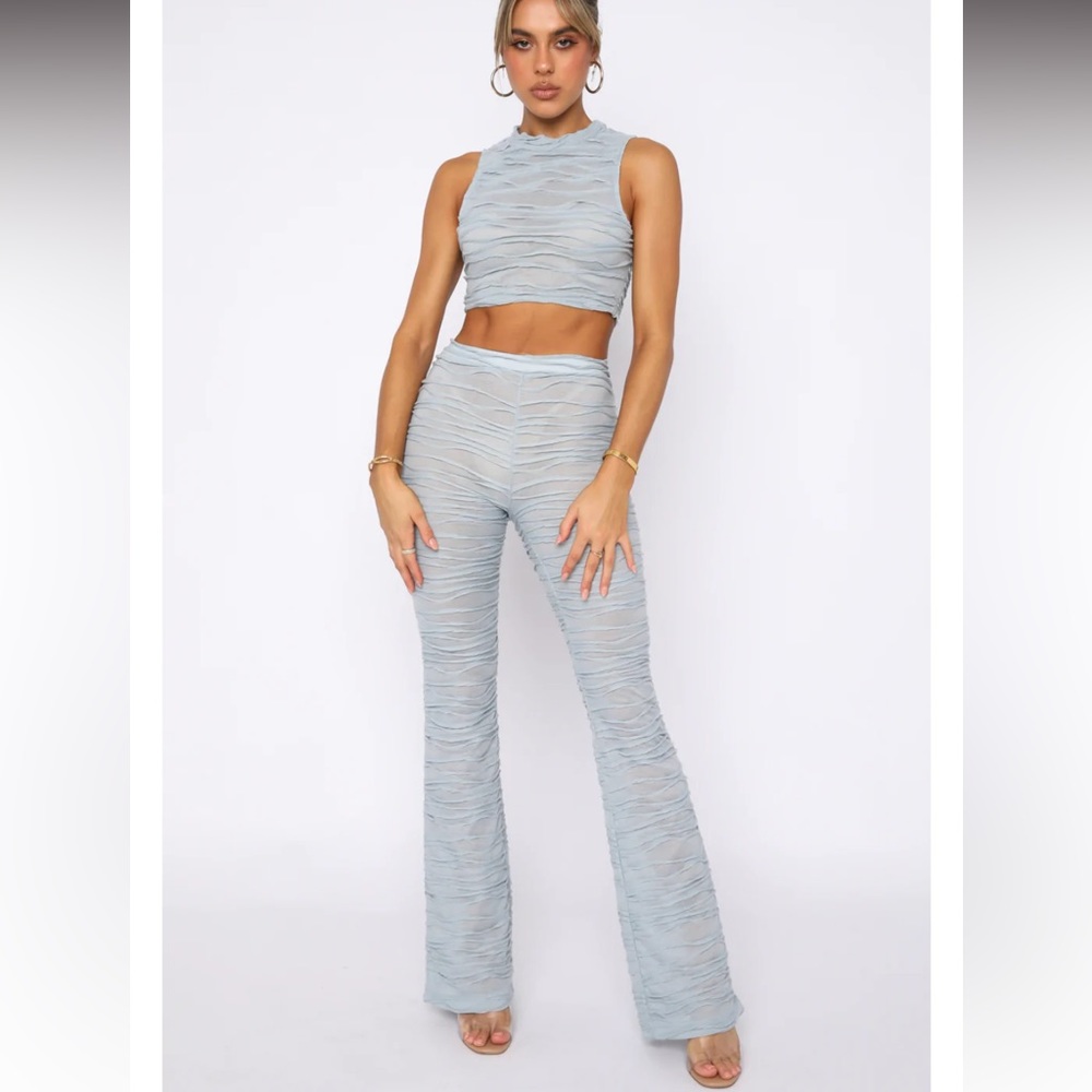 White fox pant set in steel